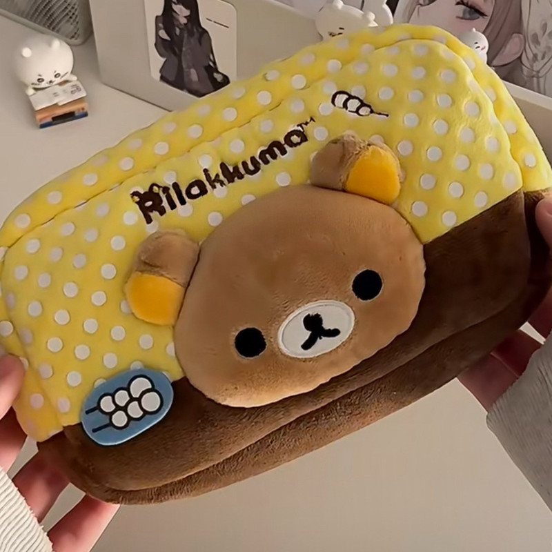 Aesthetic Large Pencil Case Pouch - 릴라쿠마 플러시 필통 일본식 폴카 도트